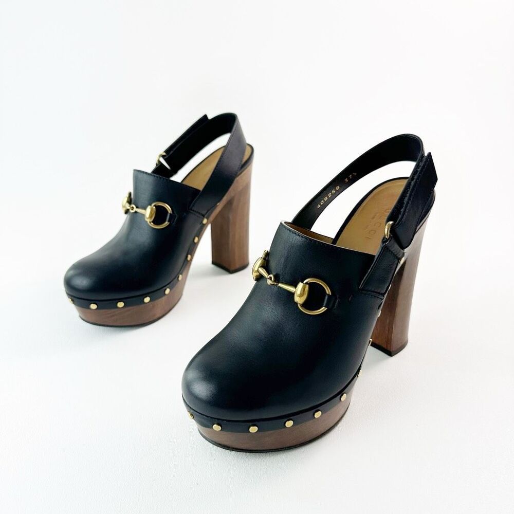 GUCCI Black Heeled Betis Clog 37.5 Leather Wood Heel Horsebit Amstel Slingback
